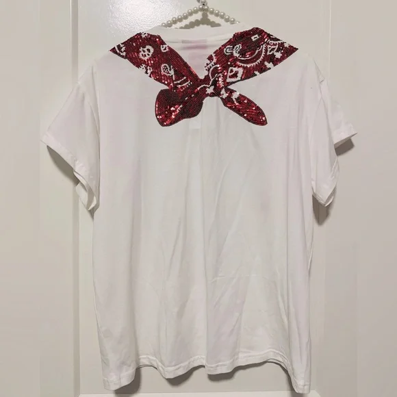 BRAND NEW • QOS • QUEEN OF SPARKLES • RED  & WHITE BANDANA SHIRT• SIZE XS - Picture 2 of 2